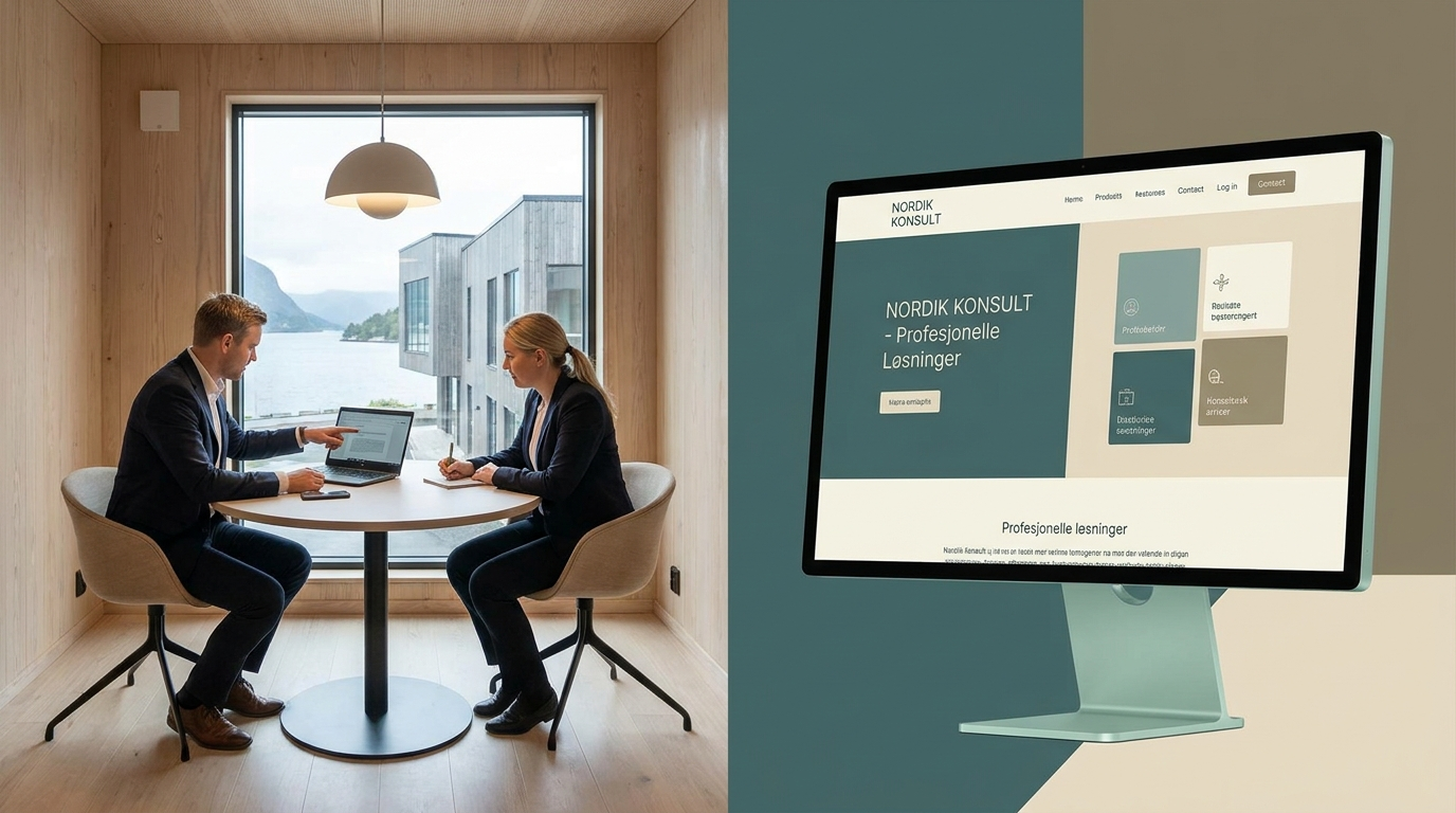 Konsultasjon med kunde og ferdig nettside på skjerm